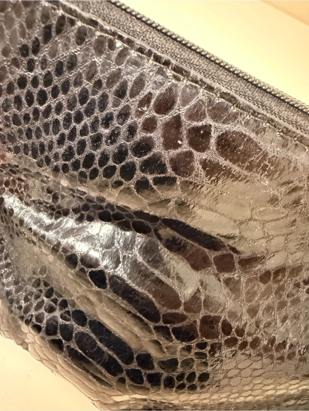 Kate Spade Black Embossed Snake-Print Cosmetic Pouch Python Skin Textured
